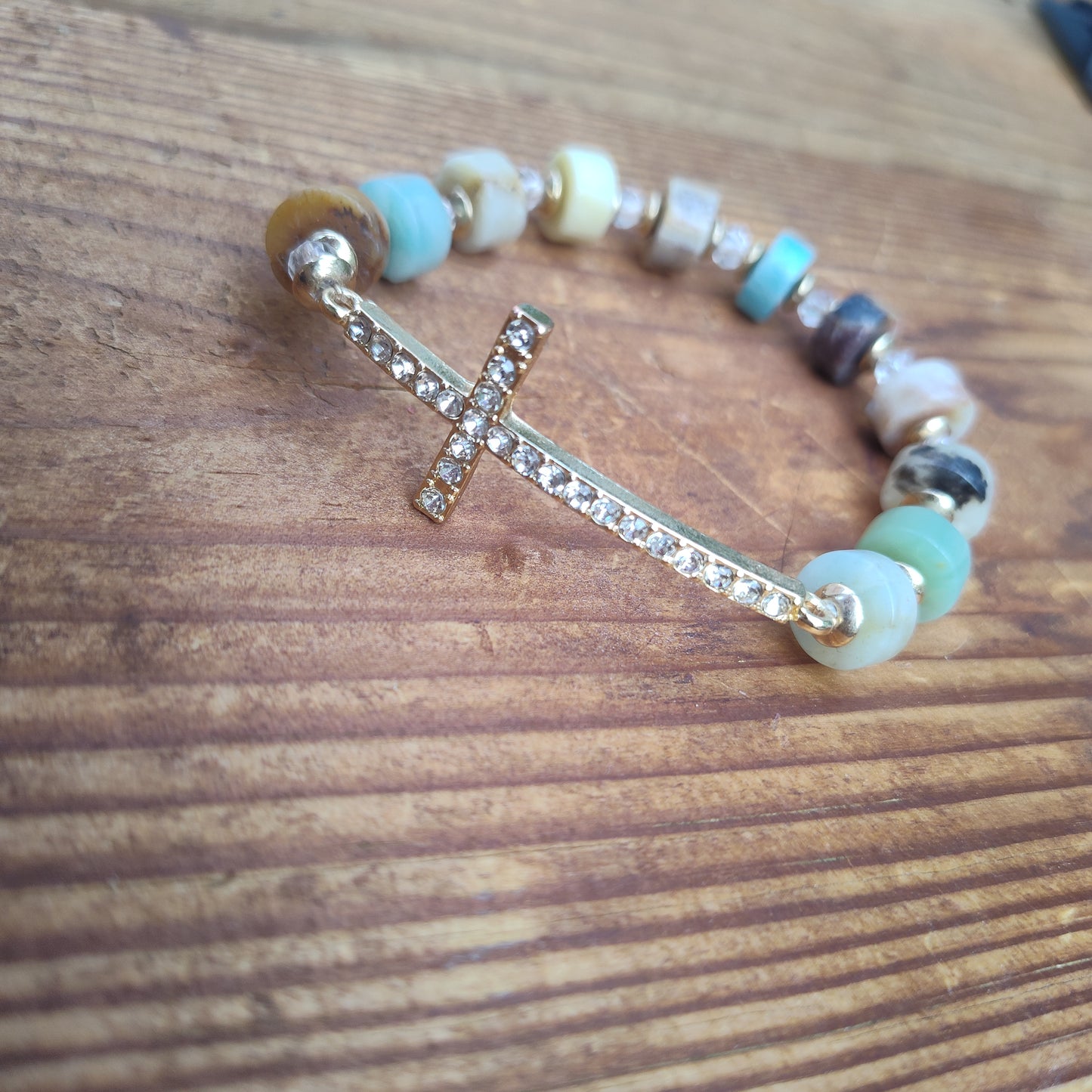 Amazonite CZ Diamond encrusted cross bracelet