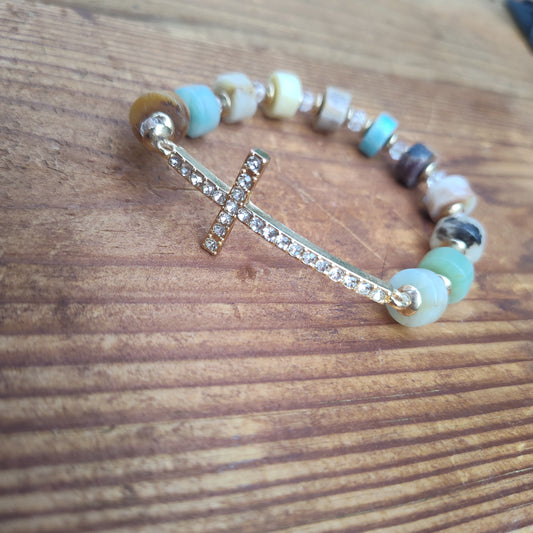 Amazonite CZ Diamond encrusted cross bracelet