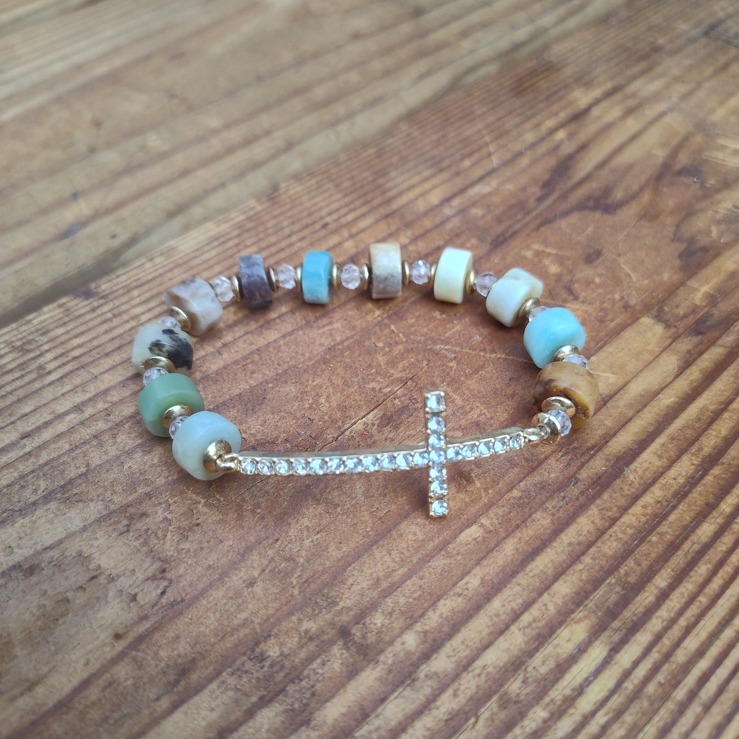 Amazonite CZ Diamond encrusted cross bracelet